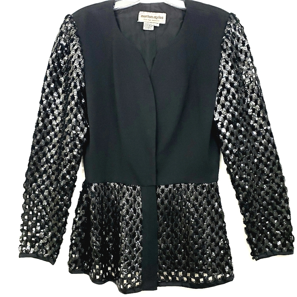 Morton Myles Vintage 90s Black Cocktail Blazer w/Sheer sequin Sleeves/P…